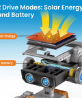 Solar Robot Building Kit For Kids 8-13 DIY STEM Toy showing solar panel and battery power options