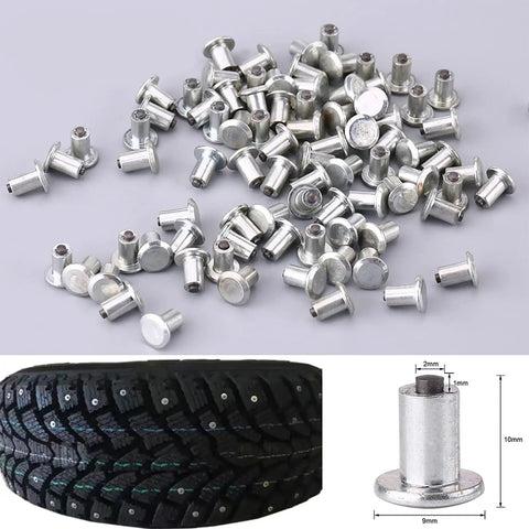 100 Piece 9 Mm Tire Stud Screws And Tough Tungsten Steel Snow Tire Spikes to lock your rig down on slick roads with serious ice grip and heavy duty traction for ATV UTV SUV truck.