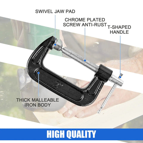 Beefy Eight Piece 2 Inch C Clamp Set, Heavy Duty Steel With Cast Iron Frame And Sliding T Handle, Built For Maximum Stability And Versatility In Woodworking, Welding, Building And Automotive Projects, Durable Black Finish, 2-inch clamp with T-handle