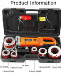 Heavy Duty Handheld Electric Pipe Threading Machine Powered By A Pure Copper Motor And Features A Heavy Duty Six Head Die Set To Nail Plumbing Installations Quick in carrying case with pipe dies.