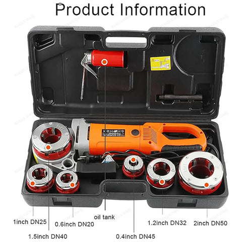 Heavy Duty Handheld Electric Pipe Threading Machine Powered By A Pure Copper Motor And Features A Heavy Duty Six Head Die Set To Nail Plumbing Installations Quick in carrying case with pipe dies.