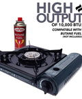 Portable 10,000 BTU Butane Gas Stove With Carrying Case CSA Certified Piezo Ignition shown with fuel canister