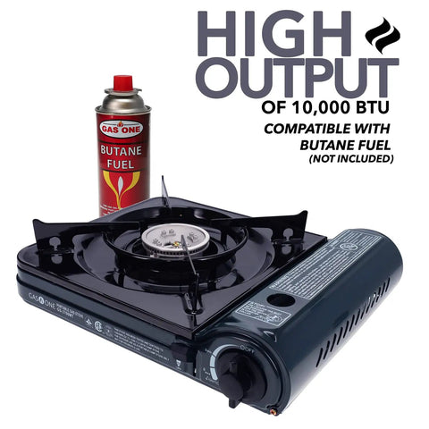 Portable 10,000 BTU Butane Gas Stove With Carrying Case CSA Certified Piezo Ignition shown with fuel canister