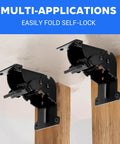 Heavy Duty Folding Brackets With Screws For Tables Beds Cabinets And Workbenches 10 Pack Self Lock Hinges mounted under wooden surface.