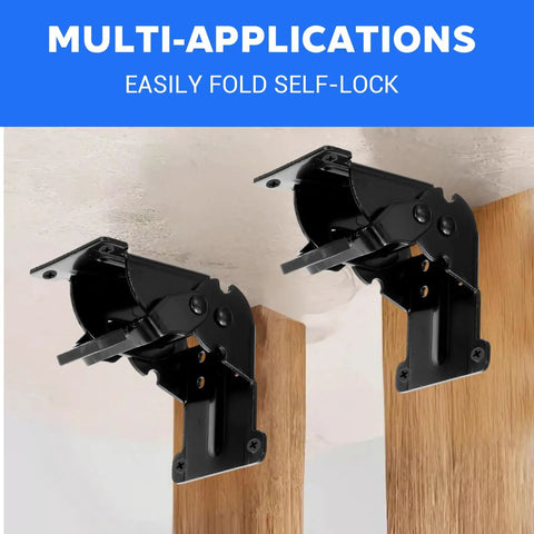 Heavy Duty Folding Brackets With Screws For Tables Beds Cabinets And Workbenches 10 Pack Self Lock Hinges mounted under wooden surface.
