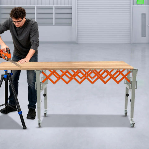 Super Flex Adjustable Telescopic Conveyor Roller Table With Integrated Scale Display And Secure Hooks For Moving Heavy Loads From 18 To 51 Inches Long And 17 Wide, being used for cutting in a workshop.