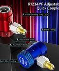 R1234YF Quick Coupler Kit Set of 2, DIY Friendly Adjustable High And Low Side Adapters, red and blue aluminum body with brass fittings