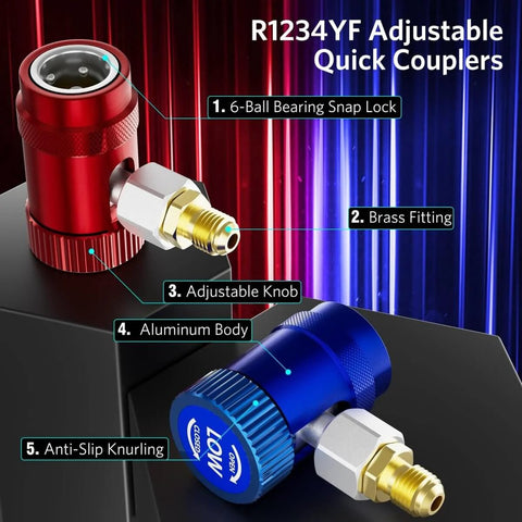 R1234YF Quick Coupler Kit Set of 2, DIY Friendly Adjustable High And Low Side Adapters, red and blue aluminum body with brass fittings