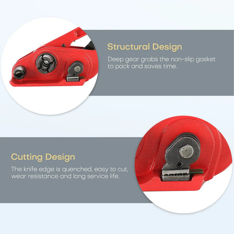 Close-up of Heavy Duty Manual Poly Strapping Tensioner and Cutter featuring premium hardened steel cutting edge and grip design.