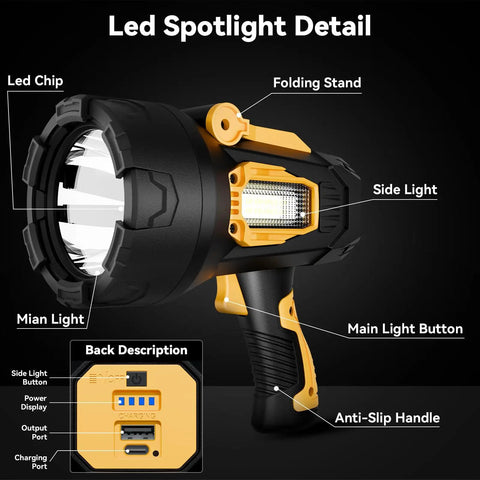 Rechargeable 2,000,000 Lumen Spotlight Flashlight With COB Light Beast Mode Bright Foldable Tripod Outdoor Spotlight Detail