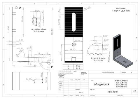 Extra Tall Black L Bracket Feet For Solar Panel PV Module Mounting Racking, detailed technical drawing with dimensions.