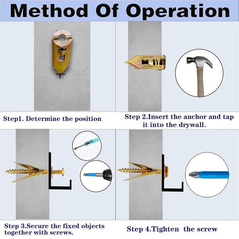 Self-Drilling Drywall Anchors With Screws Kit, 100Pcs 12x40mm Wall Dowel Expansion Bolts, Easy No-Prep Install, Heavy-Duty Yellow Zinc Plated Carbon Steel For Secure Wall Mounts, installation steps