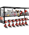 Power Tool Organizer Wall Mount With 3 Level Drill Rack And Charging Station, Adjustable Hooks And Eight Drill Holders, Heavy Duty Garage Storage For Cordless Tools And Accessories, Industrial Grade Steel, Rust Resistant, Up To 400lbs showing front view with tools organized