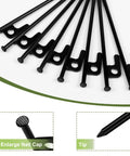 8 Pack Heavy Duty Tent Stakes Forged Steel Camping Stakes with pointed tips and hooks, close-up view of nail cap and tip details.