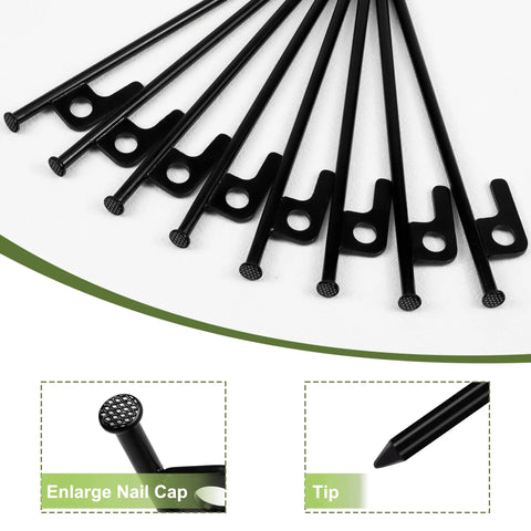 8 Pack Heavy Duty Tent Stakes Forged Steel Camping Stakes with pointed tips and hooks, close-up view of nail cap and tip details.
