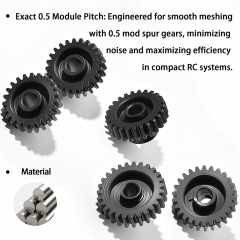 Multiple 0.5Mod Pinion Gear Set 13T To 27T Hardened Steel 3.175mm Bore showing material with 2.3mm Adapter