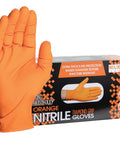 Front view: orange nitrile disposable gloves, heavy-duty 8 mil, diamond grip, latex-free, 100 ct box
