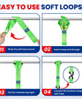 Heavy Duty Ratchet Tie Down Straps 4 Pack 1.6 Inch Wide By 8 Feet Long Green Coated Steel Ratchets with soft loop installation steps.