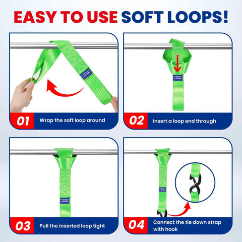 Heavy Duty Ratchet Tie Down Straps 4 Pack 1.6 Inch Wide By 8 Feet Long Green Coated Steel Ratchets with soft loop installation steps.