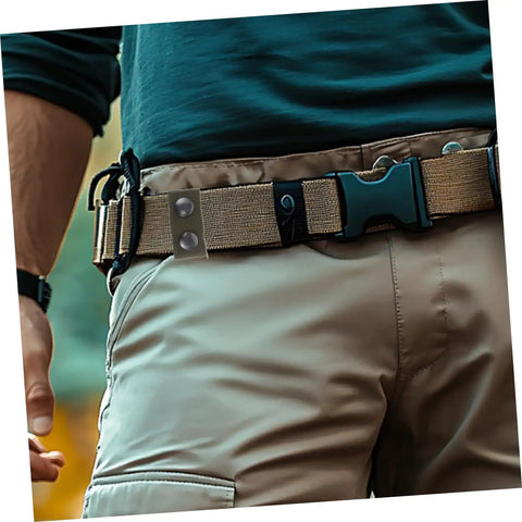 Close-up of Six Pack Durable Nylon Belt Buckle Quick Release Webbing Clips for Outdoor Activities on khaki pants