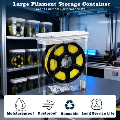 Moisture-Proof 3D Printing Filament Dryer Box With Built-In Desiccant Keeps PLA, ABS, PETG Dry And Bubble-Free on a table.