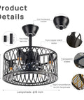 Industrial Black 18-Inch Caged Ceiling Fan With Lights Remote Control and detailed design features including blades and lampshade.