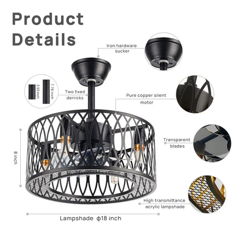 Industrial Black 18-Inch Caged Ceiling Fan With Lights Remote Control and detailed design features including blades and lampshade.
