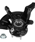Front Left Steering Knuckle And Wheel Bearing Hub Assembly Fits Ford Escape 2005-2012, Mercury Mariner 2005-2011, Mazda Tribute 2005-2011, Driver Side Replacement 698-405 made from heat-treated steel visible with bolt next to it.