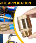 Front view: Brass one-way check valve, 1 in NPT male inlet to 1 in FNPT outlet, for irrigation and well pump systems.