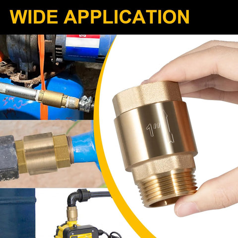 Front view: Brass one-way check valve, 1 in NPT male inlet to 1 in FNPT outlet, for irrigation and well pump systems.