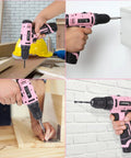 Pink 12 Volt Cordless Drill Kit With 21 Piece Driver And Drill Bit Set showing drilling and woodwork in different angles.