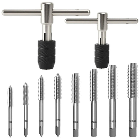 All In One 10 Piece Metric Tap Set With 2 T Handle Wrench, image showing taps from M3 to M12 and two T-handle wrenches.