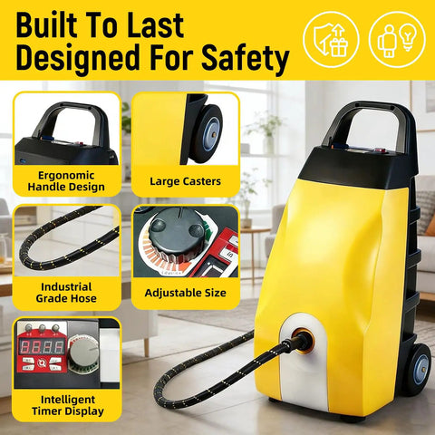 Heavy Duty Steam Cleaner With Boss Level 3.5L Tank And 30 Minute Runtime For Auto Detailing showing ergonomic handle and large casters.
