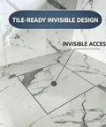 Built Tough Galvanized Steel Ceiling Access Panel With Slick Hinged Cover For Drywall And Plaster Ceilings Featuring Dual Support Struts And Hassle Free Install, showing invisible tile-ready design on marble floor.