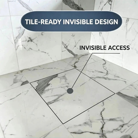 Built Tough Galvanized Steel Ceiling Access Panel With Slick Hinged Cover For Drywall And Plaster Ceilings Featuring Dual Support Struts And Hassle Free Install, showing invisible tile-ready design on marble floor.