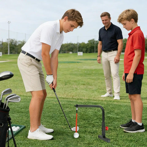 Golf Swing Trainer Adjustable Height Practice Stand For Garden And Outdoor Use Muscle Memory Builder Pro Grade Durable Steel Construction Alignment Aid For Men Golfers Swing Training Equipment with three people on a golf field