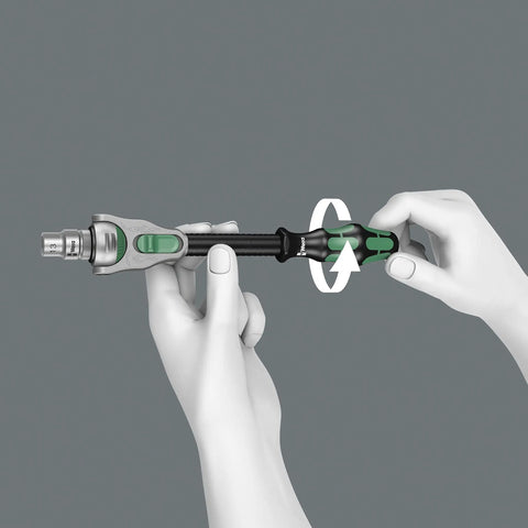 Hands demonstrating the Zyklop 8000 C Half Inch Drive Ratchet With Five Tools In One For Quick Inline Screwdriver Be A Real Workhorse Reversible 72 Fine Pitched Teeth Five Position Swivel Head For Tight Spaces