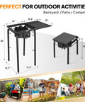 Single Burner Gas Stove With Side Shelf 100,000 BTU Portable Propane Stove for Camping with removable legs shown in use outdoors