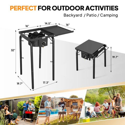 Single Burner Gas Stove With Side Shelf 100,000 BTU Portable Propane Stove for Camping with removable legs shown in use outdoors