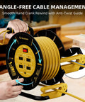 Person using Open Cord Reel Organizer With Four Grounded Outlets And Dual USB Ports For Charging Up To Six Devices, Yellow.