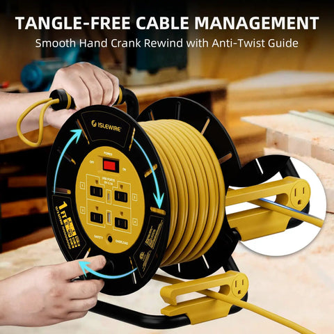 Person using Open Cord Reel Organizer With Four Grounded Outlets And Dual USB Ports For Charging Up To Six Devices, Yellow.