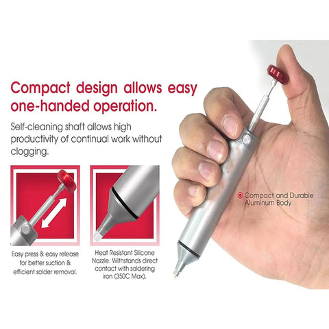 Manual Desoldering Pump Solder Sucker Tool with Anti Clogging Silicone Tip shown in hand, highlighting compact aluminum design.