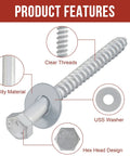 Heavy Duty Three Eighths Inch by Three Inch Lag Bolts Set with 50 Lag Screws and 50 USS Washers, showing hex head and threads