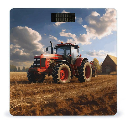 Farm Tractor Inspired Digital Weight Scale With Tempered Glass Platform showing a red tractor on a farm background.