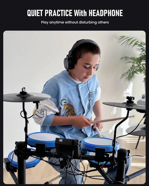 Child playing Beginner Electric Drum Set Kit With 180 Dope Sounds, Quiet Mesh Pads, wearing headphones for quiet practice
