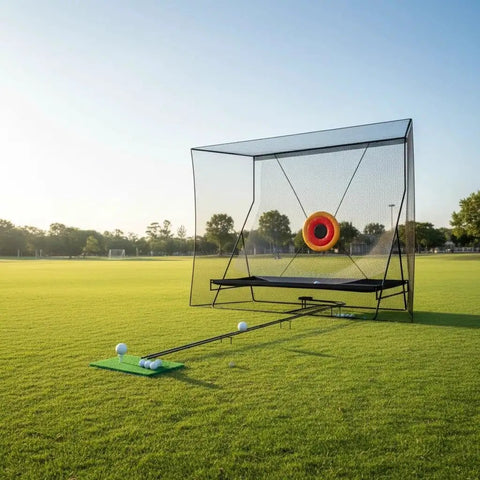 All Around Golf Net For Hitting Practice 10x8FT Indoor Outdoor Training Net with impact targets on a grassy field