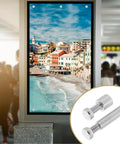 Six Piece Picture Frame Hardware Kit With Silver Iron And Carbon Steel Screws for wall display, showing screws and colorful seaside photo.