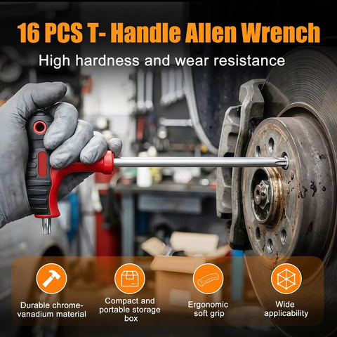 Mechanic using Heavy Duty T Handle Allen Wrench Set With Heat Treated Vanadium Steel For Long Life And Rust Resistance on a car brake.