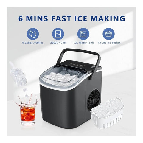 Slick Countertop Ice Maker That Whips Up Fast Six Minute Frozen Cubes While Dropping A Solid 25 Pounds Each Day featuring ice cubes and scoop.