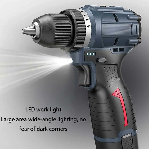 No Sweat Cordless Drill And Screwdriver Power Tool Kit With Heavy Duty Wood Metal Masonry Bits For Quick Fix Home Improvement And Diy Projects Compact Handheld Set featuring LED work light for visibility.
